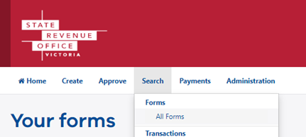 Screenshot showing how to select ‘Search’ > ‘All Forms’ in your Duties Online account. 