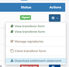 Screenshot showing the dropdown under the 'Actions' tab, and how to select 'Download settlement statement' at the bottom. 