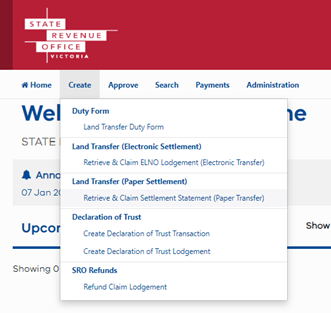 Screenshot showing how to select ‘Create’ > ‘Retrieve and Claim Settlement Statement (Paper Transfer)’. 
