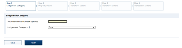 Screenshot showing 'Lodgement Category' section, with the 'Your Reference Number (optional) field and the 'Lodgement Category' dropdown, with 'Other' selected. 