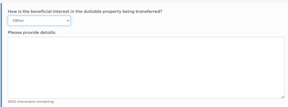 Screenshot showing how to select 'Other' from the dropdown box under the question 'How is the beneficial interest in the dutiable property being transferred?'.