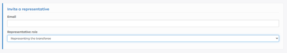 A screenshot showing 'Invite a representative', an 'Email' field and a 'Representative role' dropdown box. 